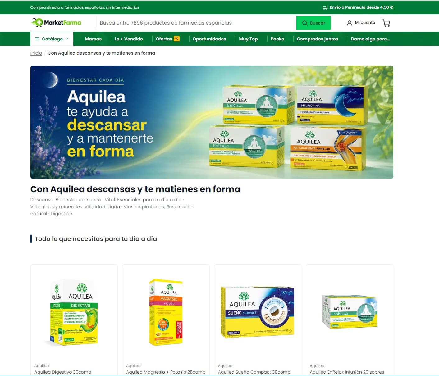 Página de campaña de Aquilea en MarketFarma: su banner de marca, el título y su gama de productos comprable.