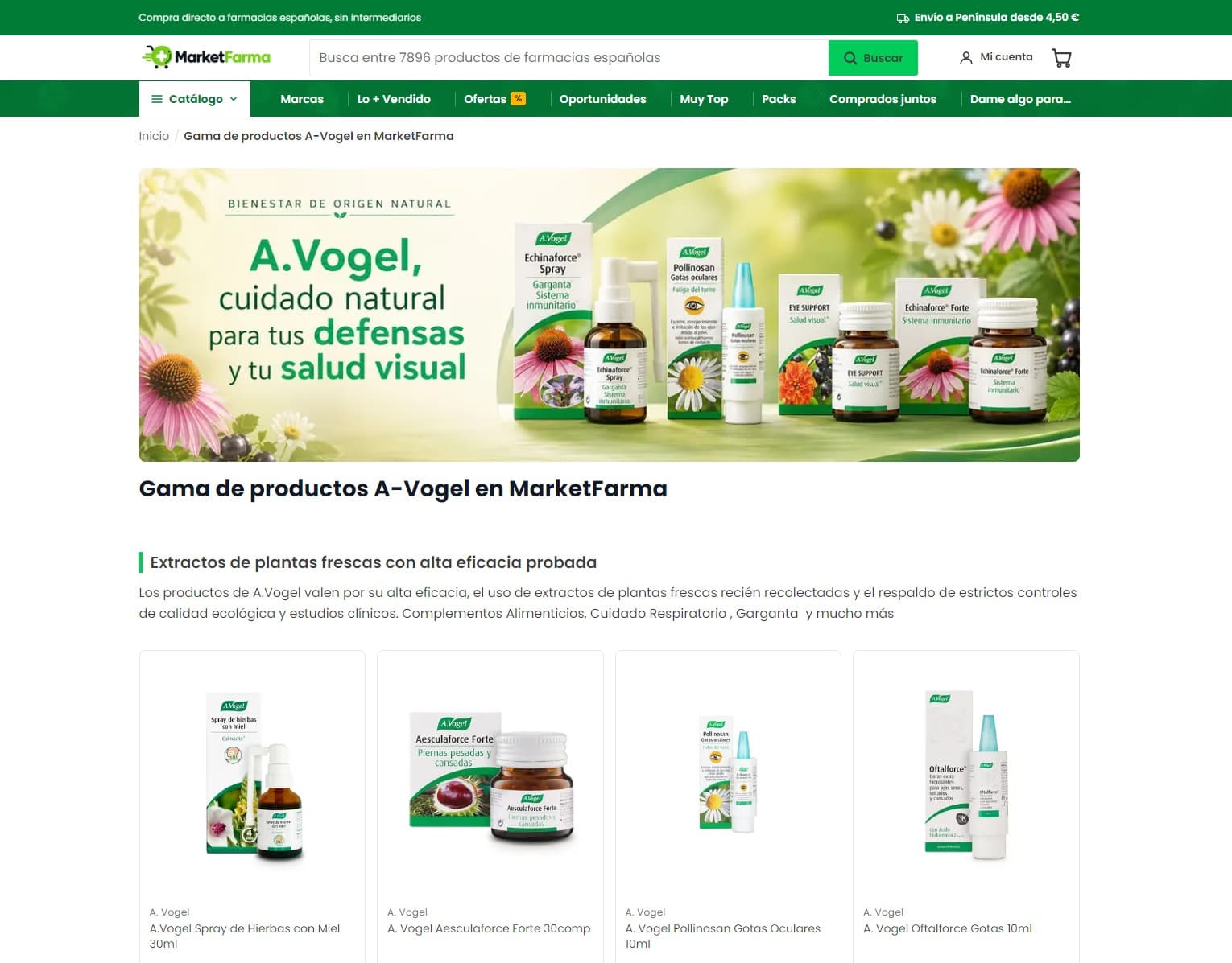 Página de campaña de A.Vogel en MarketFarma: su banner de marca, el título y su gama de productos comprable.